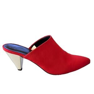 A new day red fabric uppers. Silver metallic chunky 3” heel size 7.5